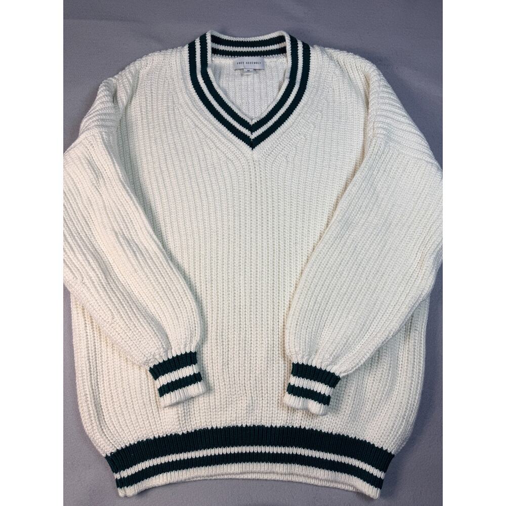 Free Assembly Chunky Knit Cricket Sweater Ivory Green Stripe V-Neck Medium